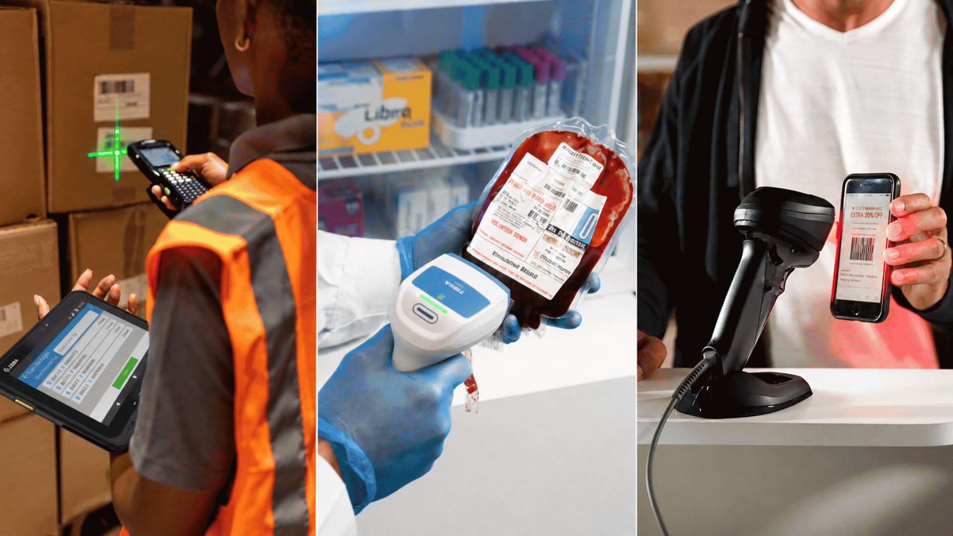 A three-panel collage showing barcode scanning and mobile app usage in different contexts: a warehouse worker scanning boxes with a handheld device, a blood bank worker scanning a blood bag with a thermal gun, and a cashier scanning a phone card with a barcode scanner.