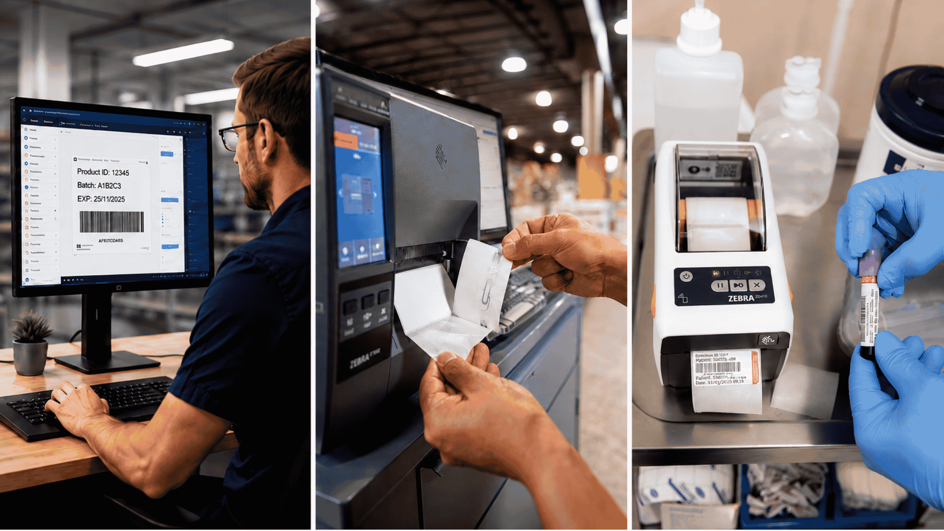 A three-panel collage showing a workflow around a barcode printing device: a man at a computer, hands feeding a label into the machine, and a close-up of the printer dispensing a label while a gloved hand holds a vial.