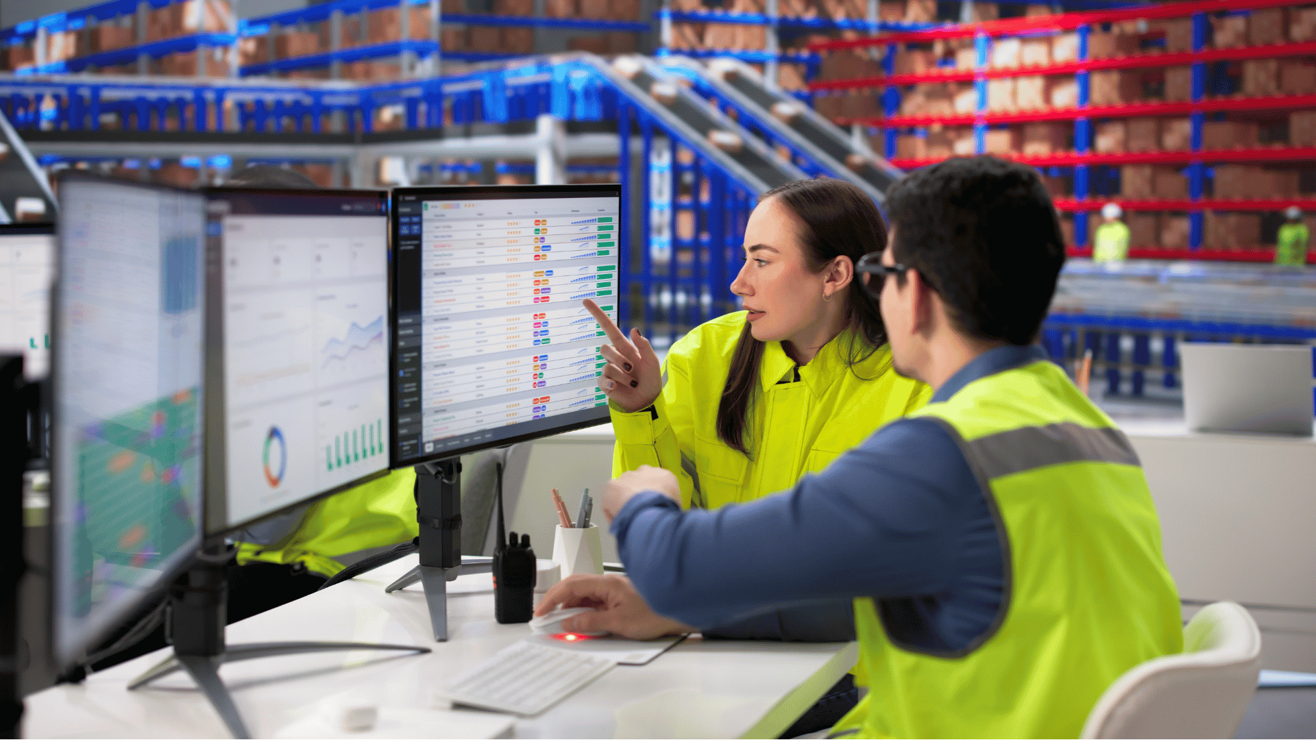 Two warehouse workers in neon yellow high-visibility vests sit at a desk reviewing data on computer monitors in a large storage facility.
