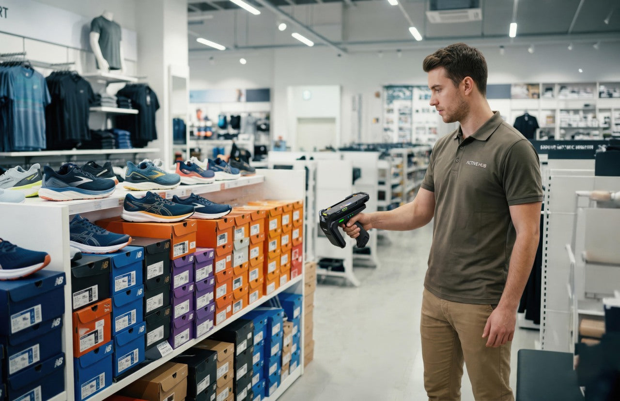 Retail worker with RFID scanner