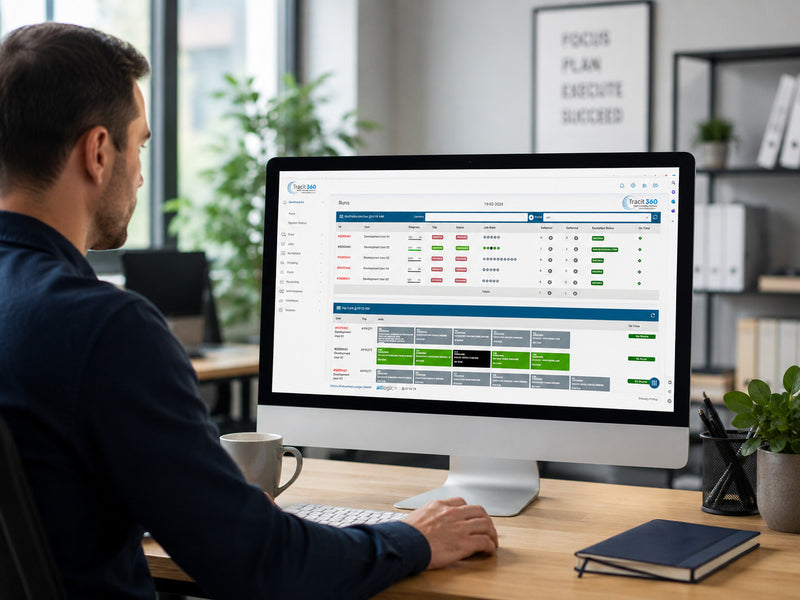 A man looking at the TracIt360 page on a PC screen
