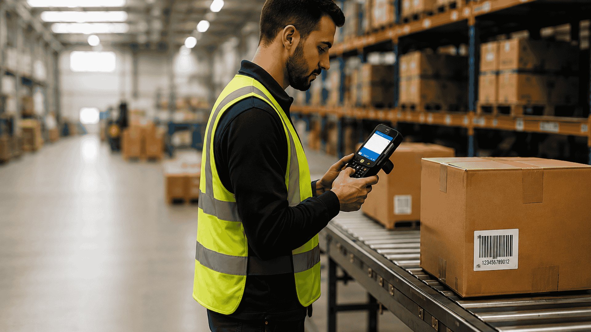 Warehouse operative scanning barcodes on boxes