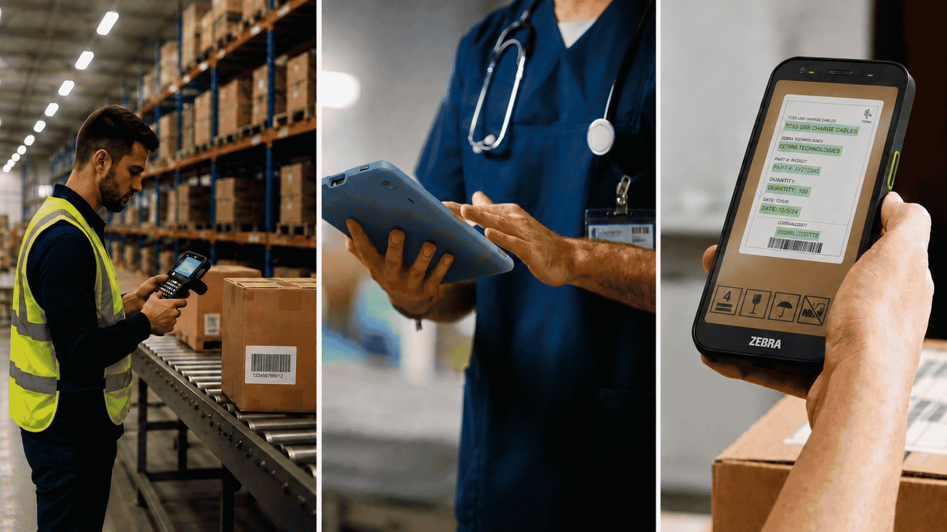 A three-panel collage showing warehouse and logistics workers using handheld devices: a man in a yellow safety vest scans a package with a handheld terminal, a healthcare worker in blue scrubs uses a tablet, and a close-up shows a hand holding a Zebra-branded handheld device displaying package tracking information.