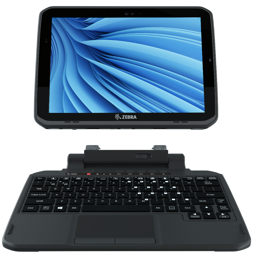 Zebra tablet with a black wireless keyboard and protective cover, shown in two stacked views against a white background.